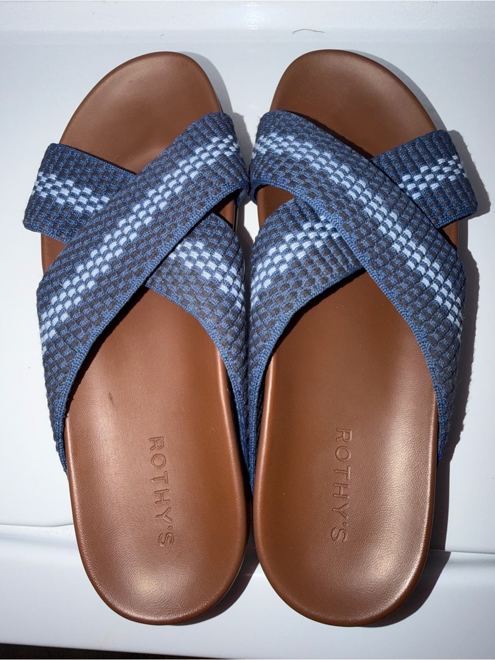 Rothy's Blue and White Cross-Strap Slide Sandals